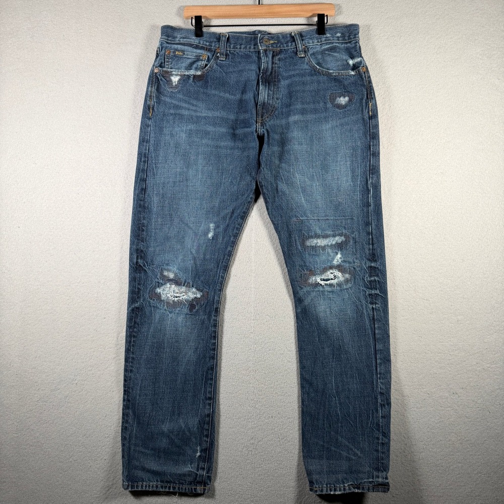 Polo Ralph Lauren Distressed Mens Jeans 36x32 Blue Straight Leg Ripped Repaired